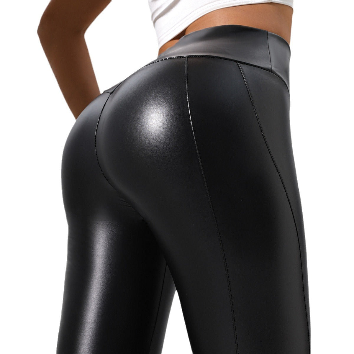 Women's Black Patchwork Faux Leather Leggings for Activewear - Image 3