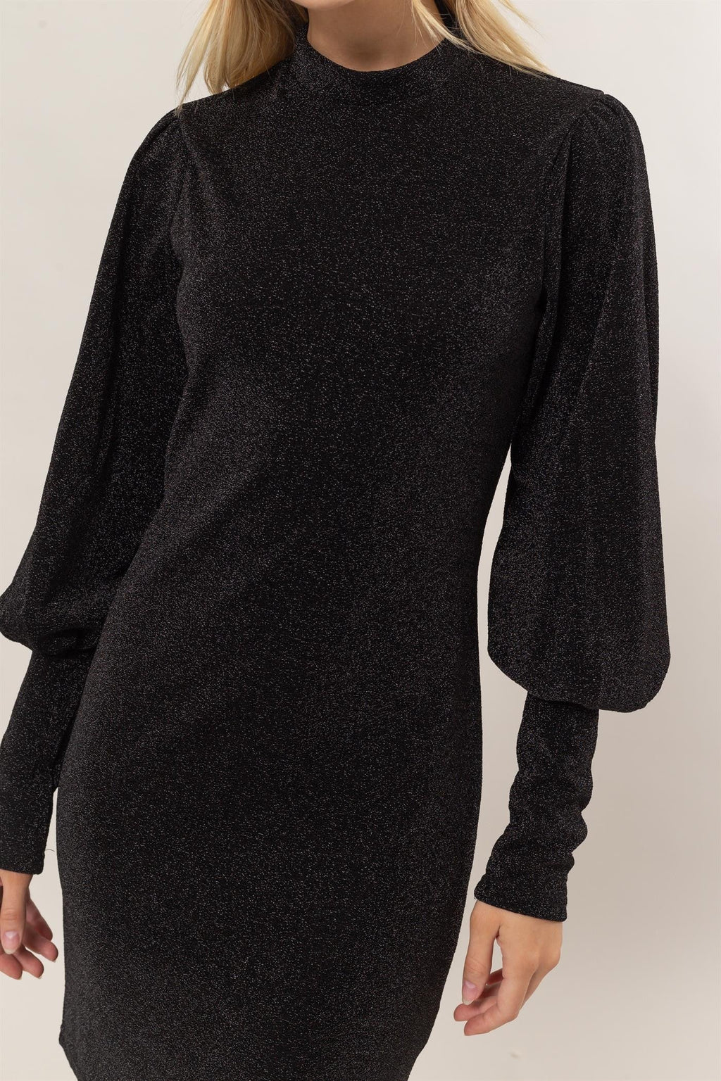 Glitter Mock Neck Long Sleeve Mini Dress in Black or Silver