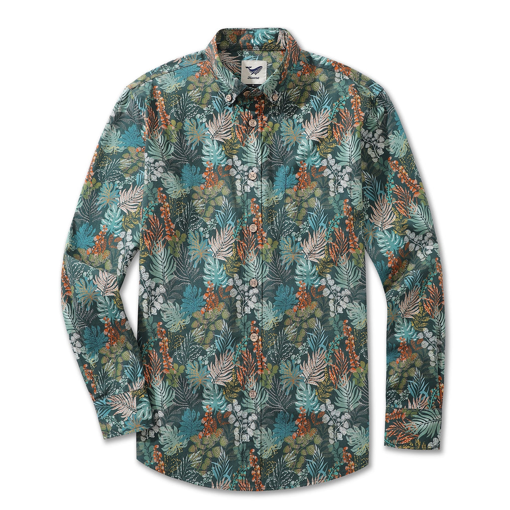 Emerald Tropical Leaf Print Long Sleeve Cotton Hawaiian Shirt