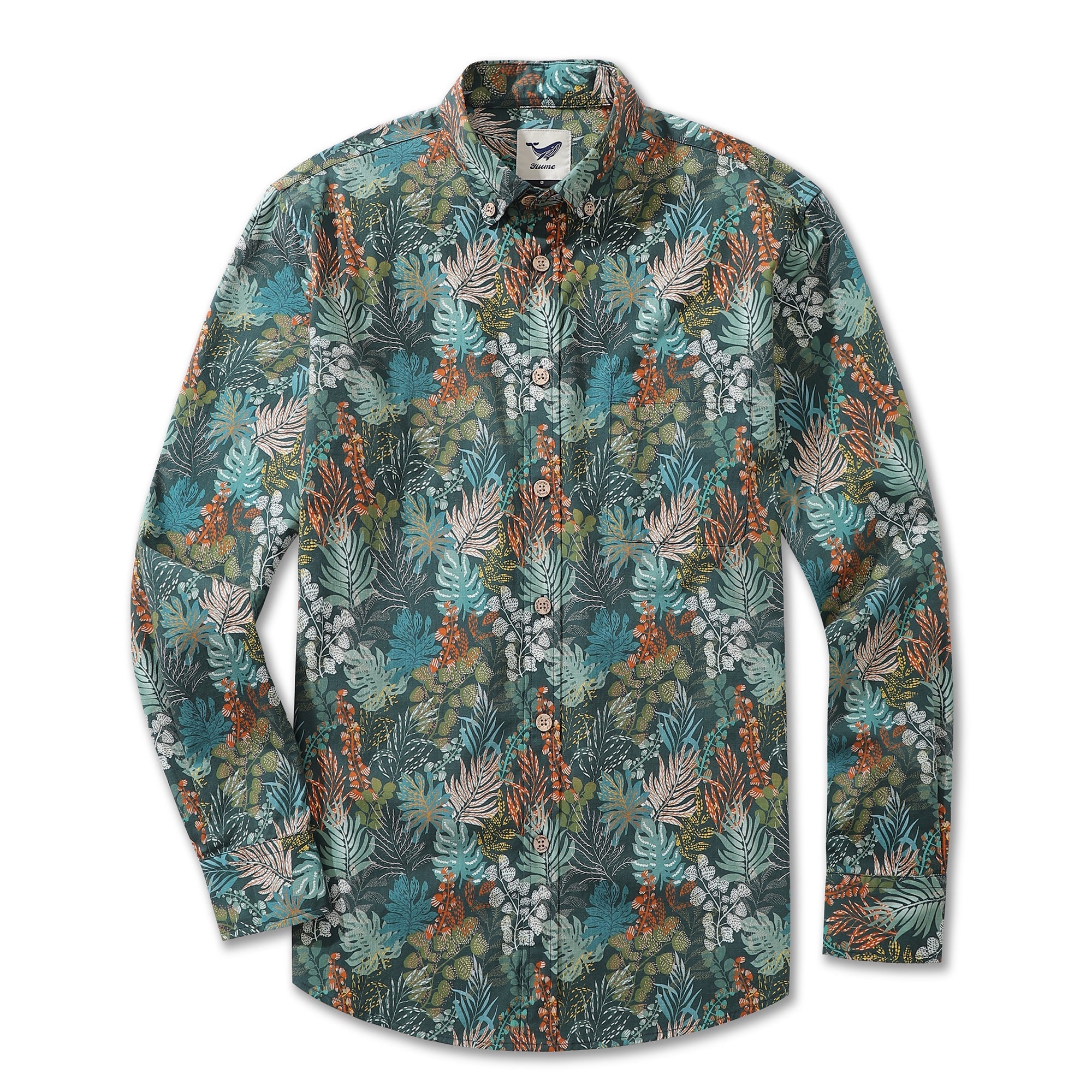 Emerald Tropical Leaf Print Long Sleeve Cotton Hawaiian Shirt