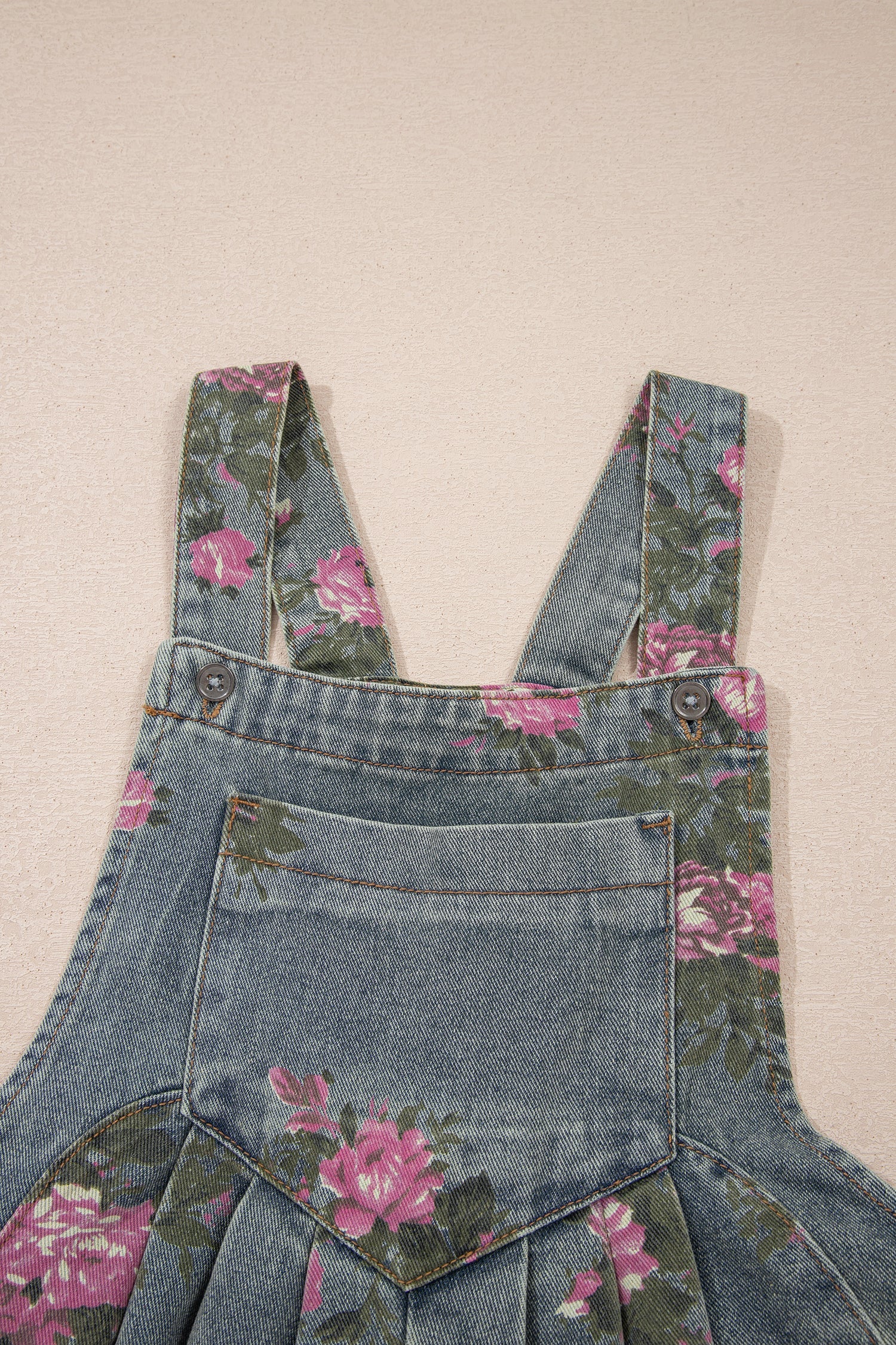 Floral Pleated High Waist Wide Leg Denim Jumpsuit