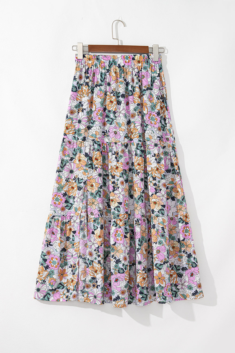 Blue Bohemian Floral Tiered Maxi Skirt with Side Split