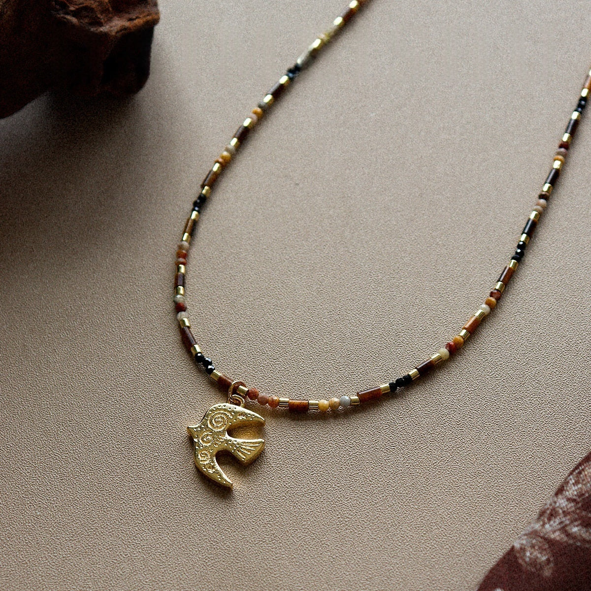 Tiger's Eye Bird Pendant Necklace Handmade Bohemian Brass Jewelry