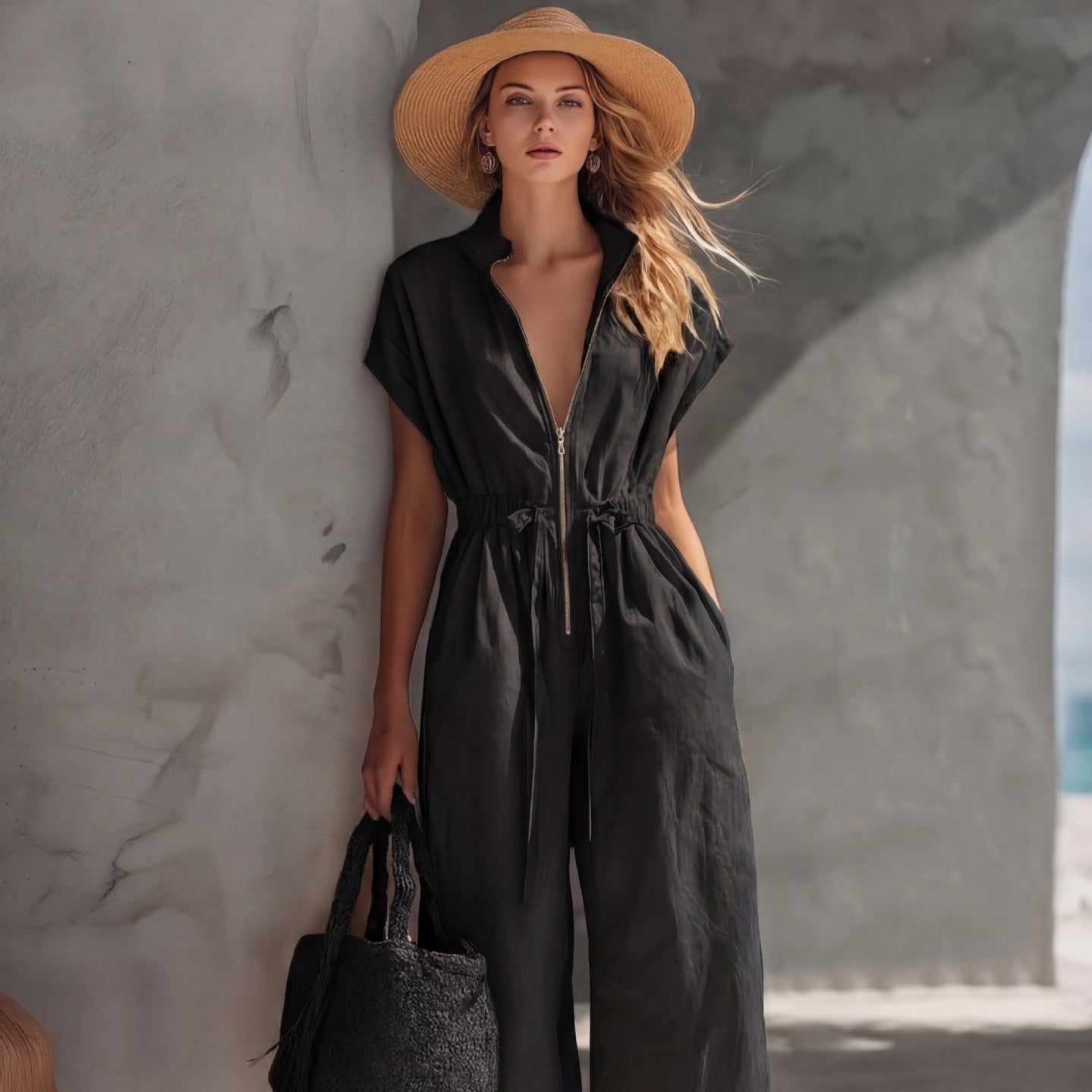 Model wearing a comfortable black or olive green zip-front V-neck jumpsuit with an elastic waist and wide-leg pants.
