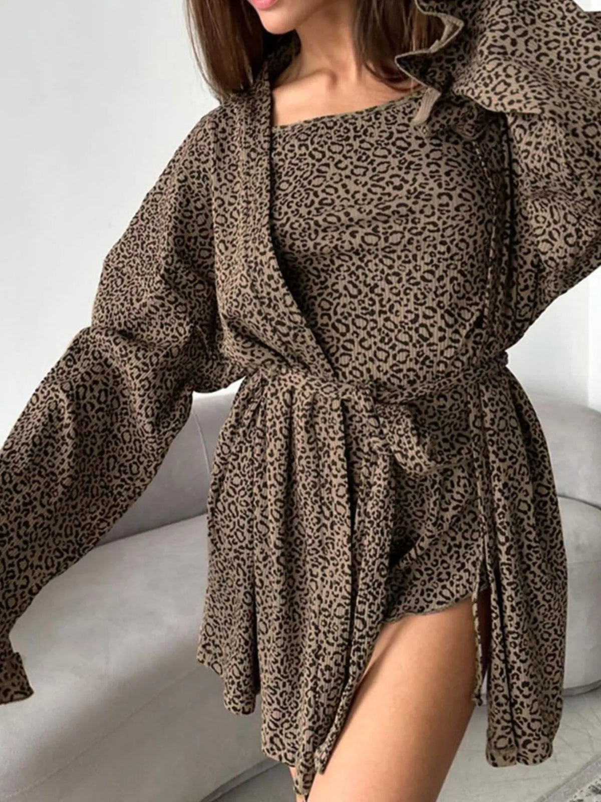 Leopard Cami Cardigan and Shorts 3-Piece Set