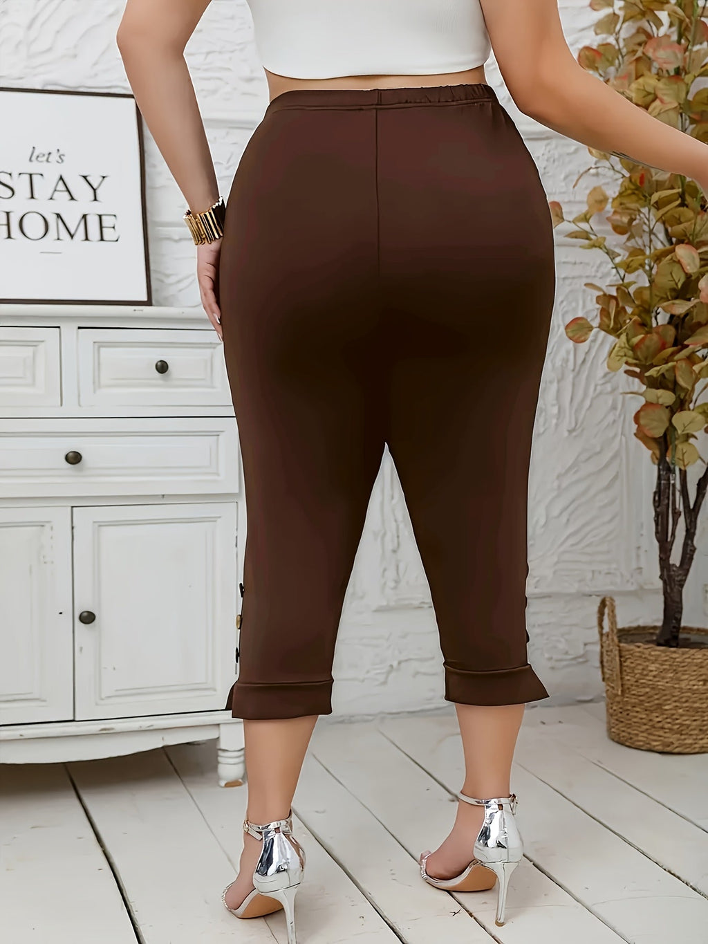 Chic Plus Size Bermuda Pants Button Detail  Comfort