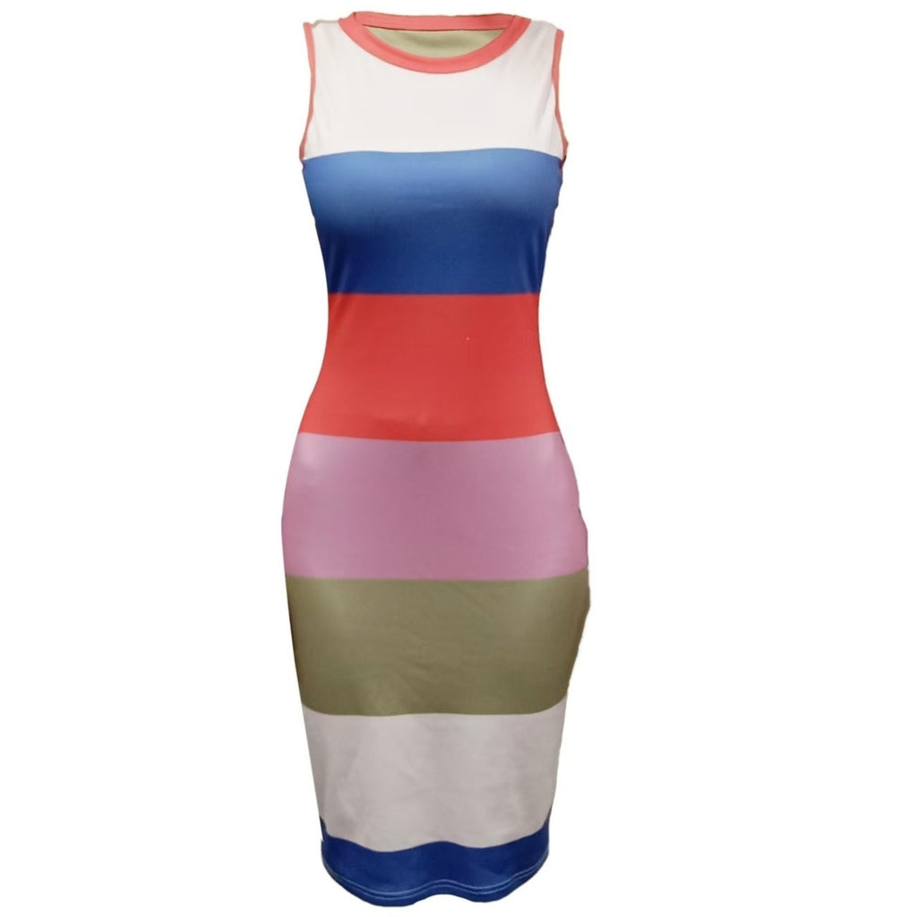 Women's Color-Blocked Striped Sleeveless Bodycon Midi Dress
