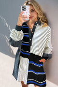 Striped long sleeve mini dress with half-button front closure