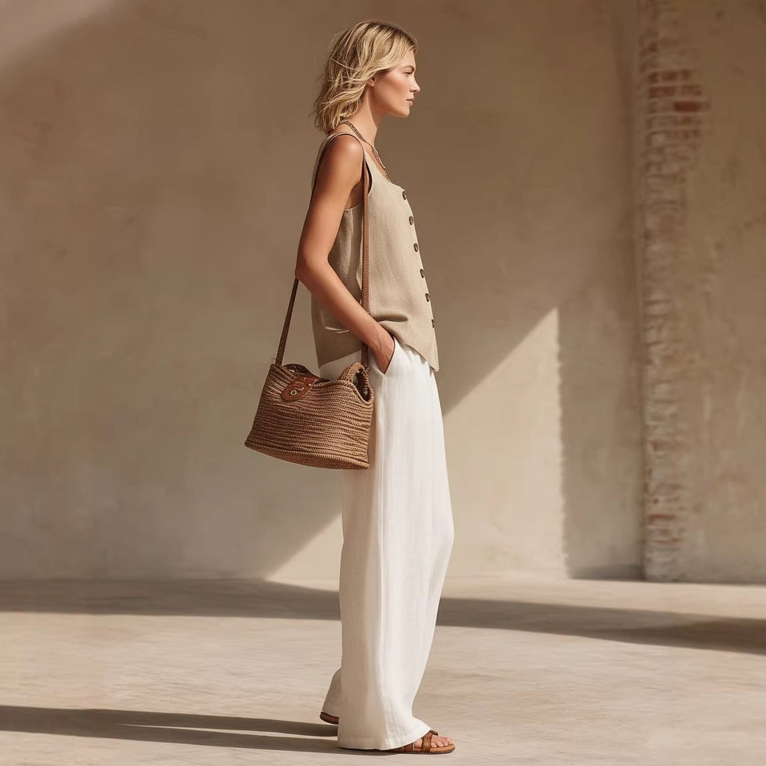 Women's Sleeveless Button-Down Top and Wide Leg Pants Set - Image 4