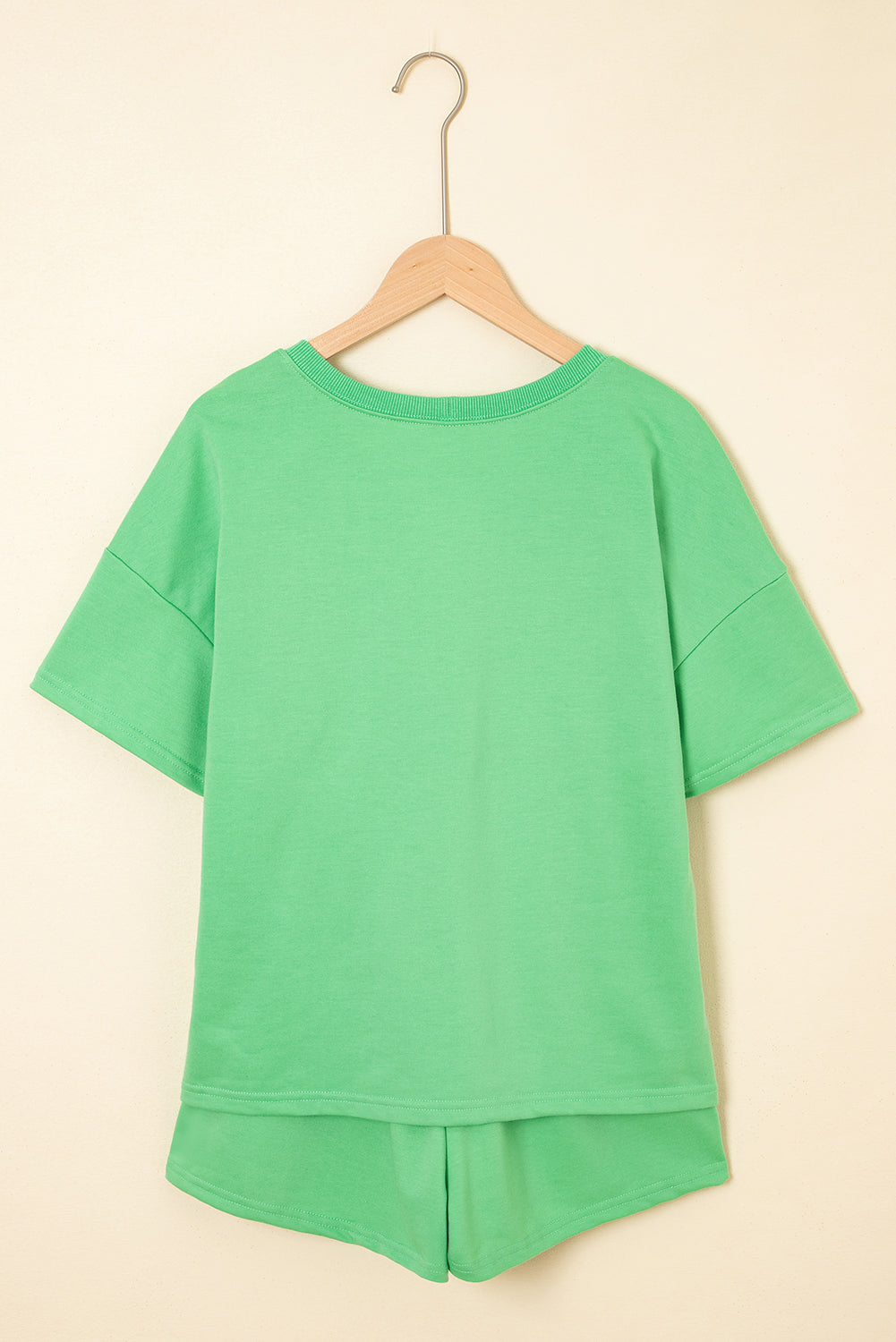 Mint Green V Neck Drop Shoulder Tee & Patchwork Shorts Set