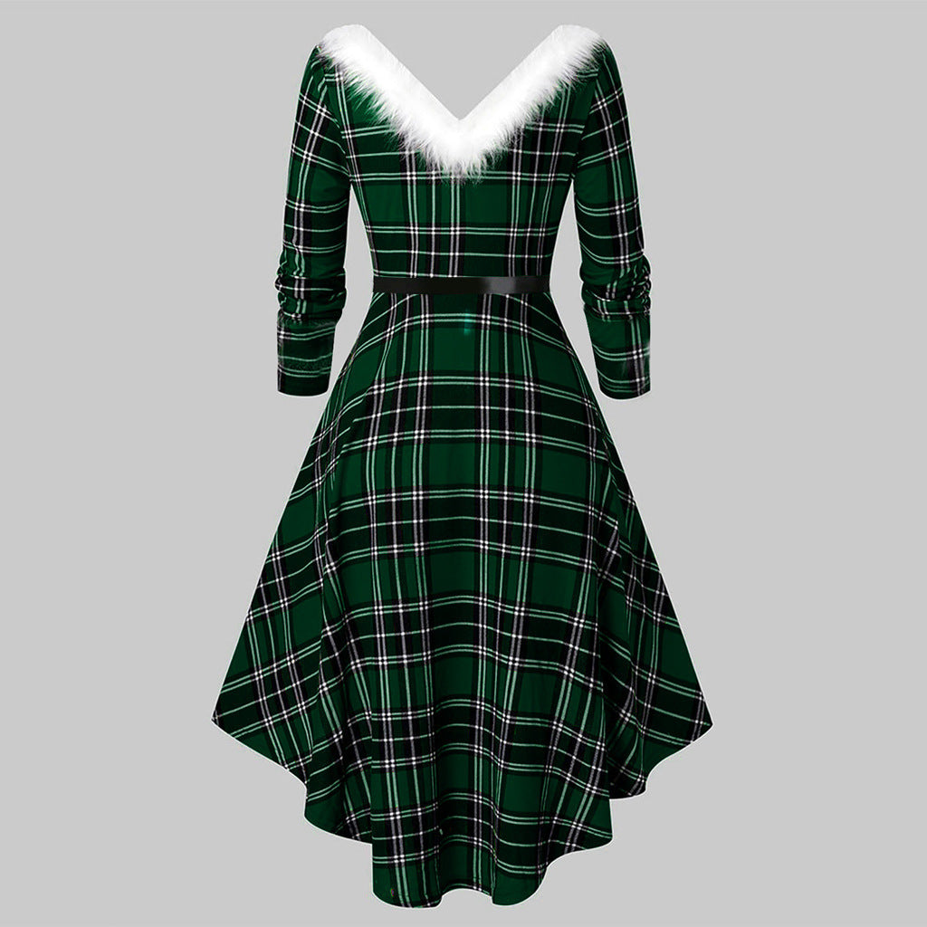 Women’s Christmas Plaid V-Neck Long Sleeve Faux Fur Trim Dress - Image 3