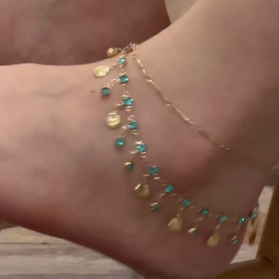 Double-Layer Shell Tassel Anklet with Rhinestone Accents