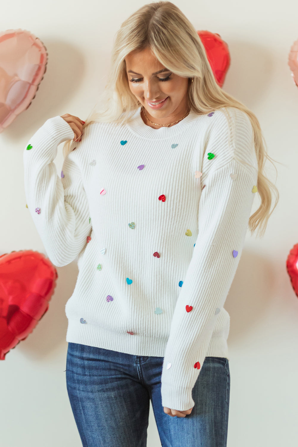 White Waffle Knit Sweater with Multi-Color Sequin Heart Accents