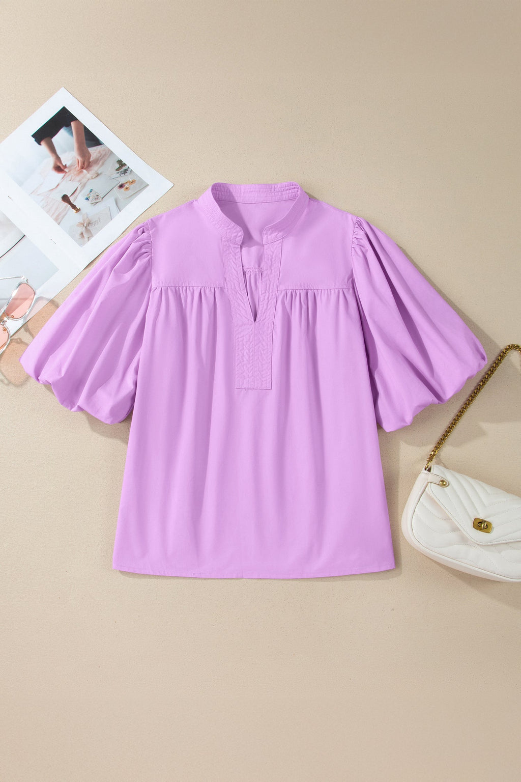 Solid Cotton V-Neck Blouse with Short Puff Sleeves