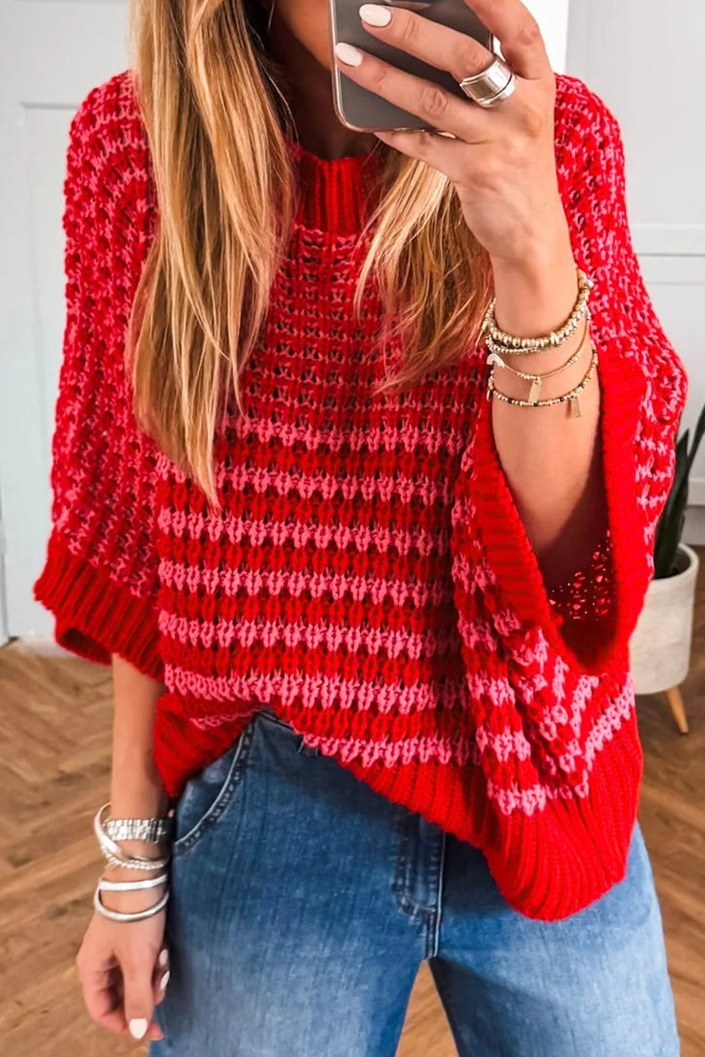 Red Stripe 3/4 Draped Sleeve Slouchy Sweater | Acrylic Knit