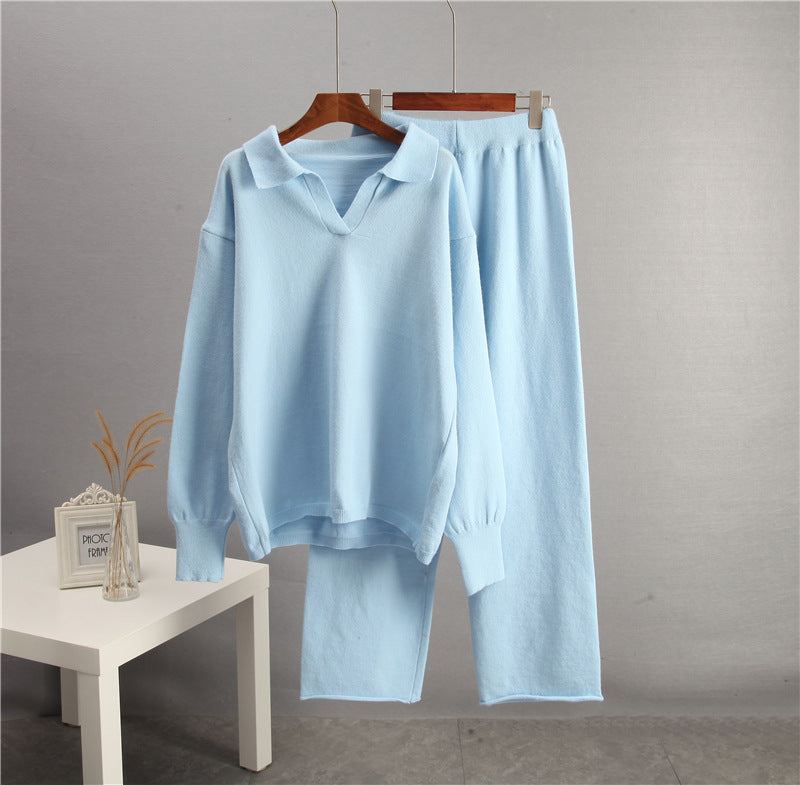 Women's Solid Color Lapel Sweater Two-Piece Co-ord Set - Image 9