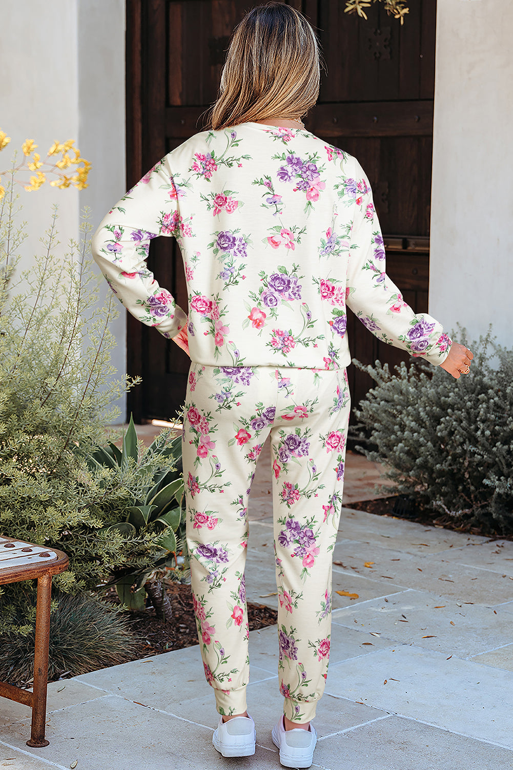 Apricot Floral Print Pullover Drawstring Lounge Pants Set