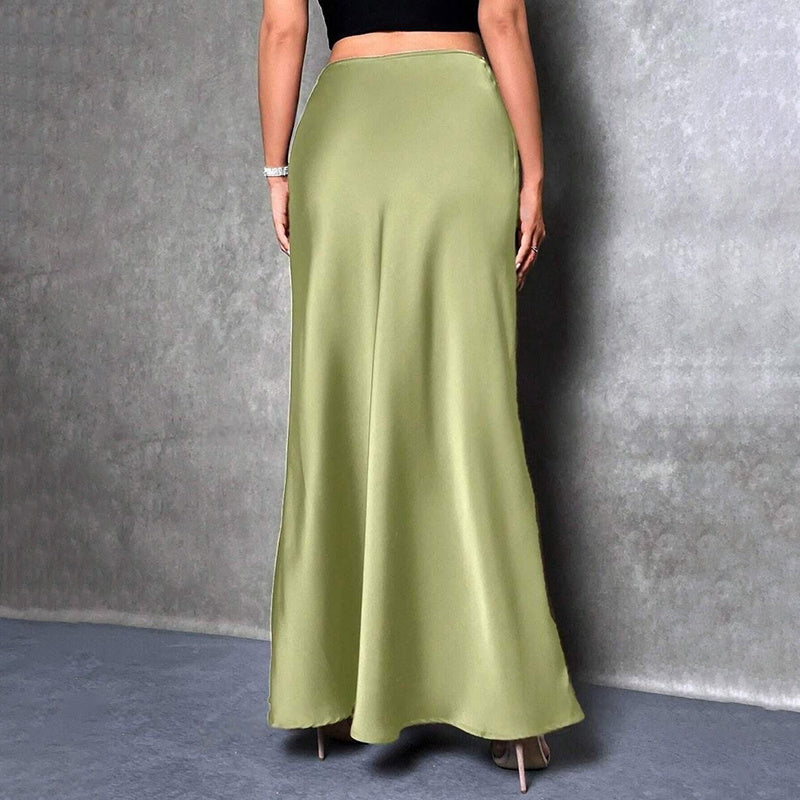 Satin High Waist Flared Midi Skirt for Weddings and Parties