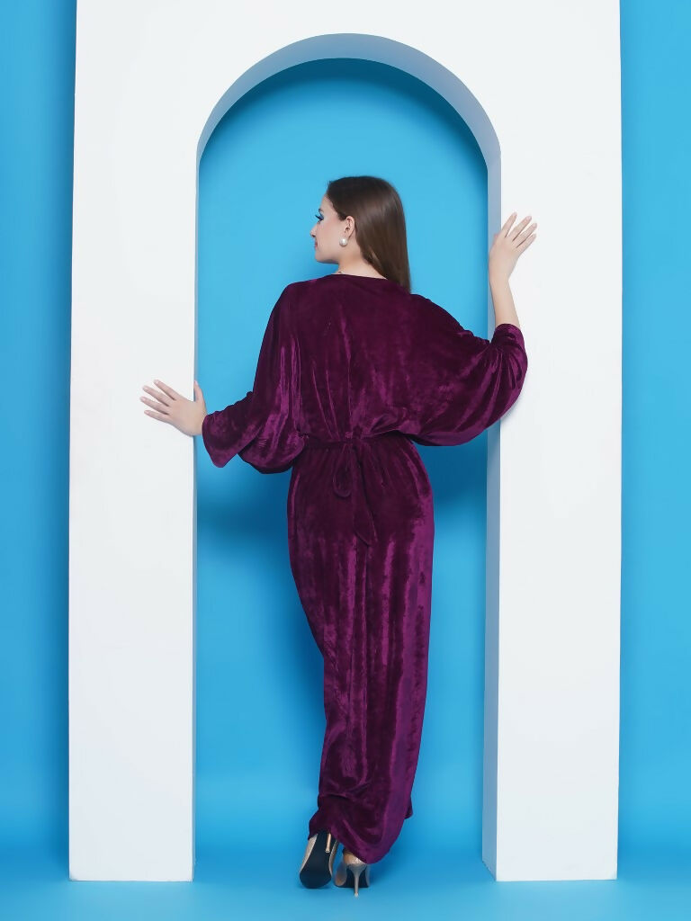 Wine Velvet Gown with Silver Halter Neck Inner - Evening Wear