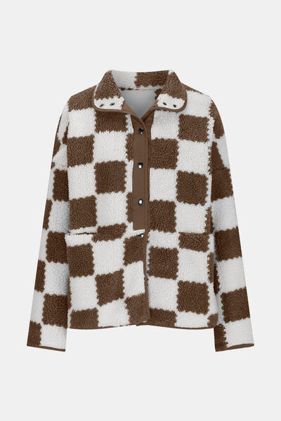 Women’s Checkered Snap Down Teddy Jacket in White and Brown