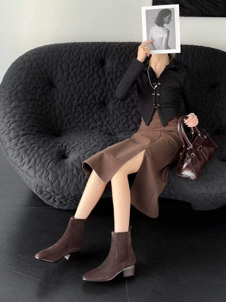 Women’s Retro Square-Toe Mid-Heel Chunky Leather Boots