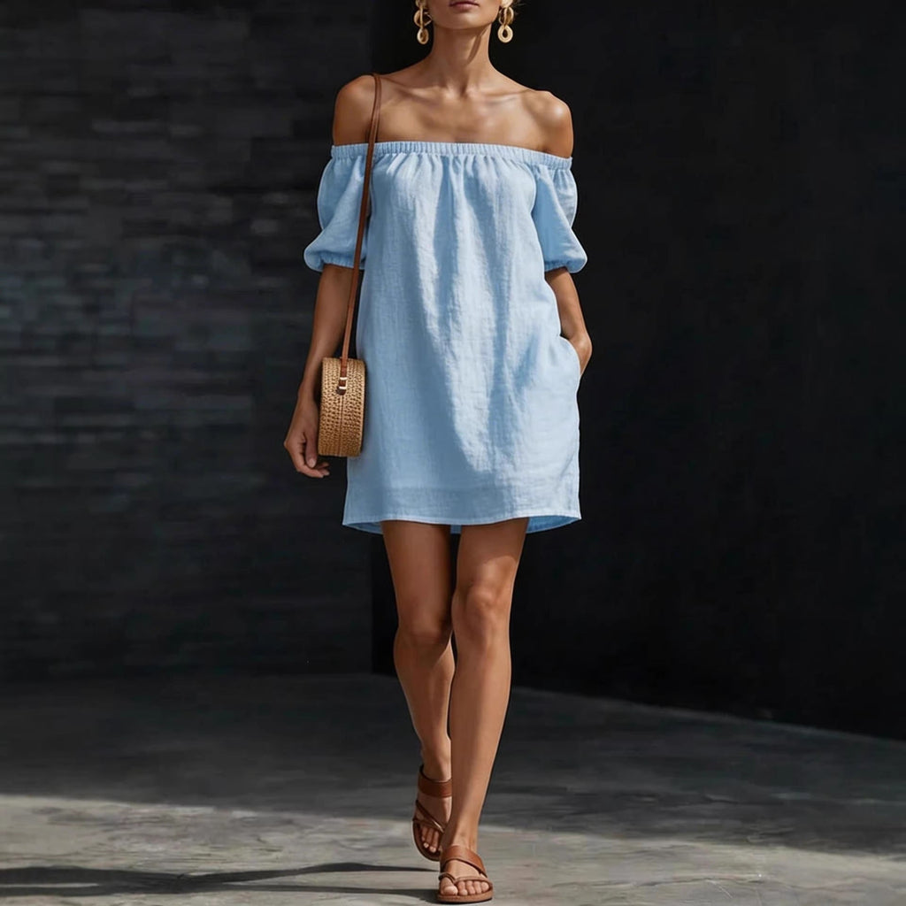 Women's Cotton Linen Off Shoulder Mini Dress with Puff Sleeves - Image 3