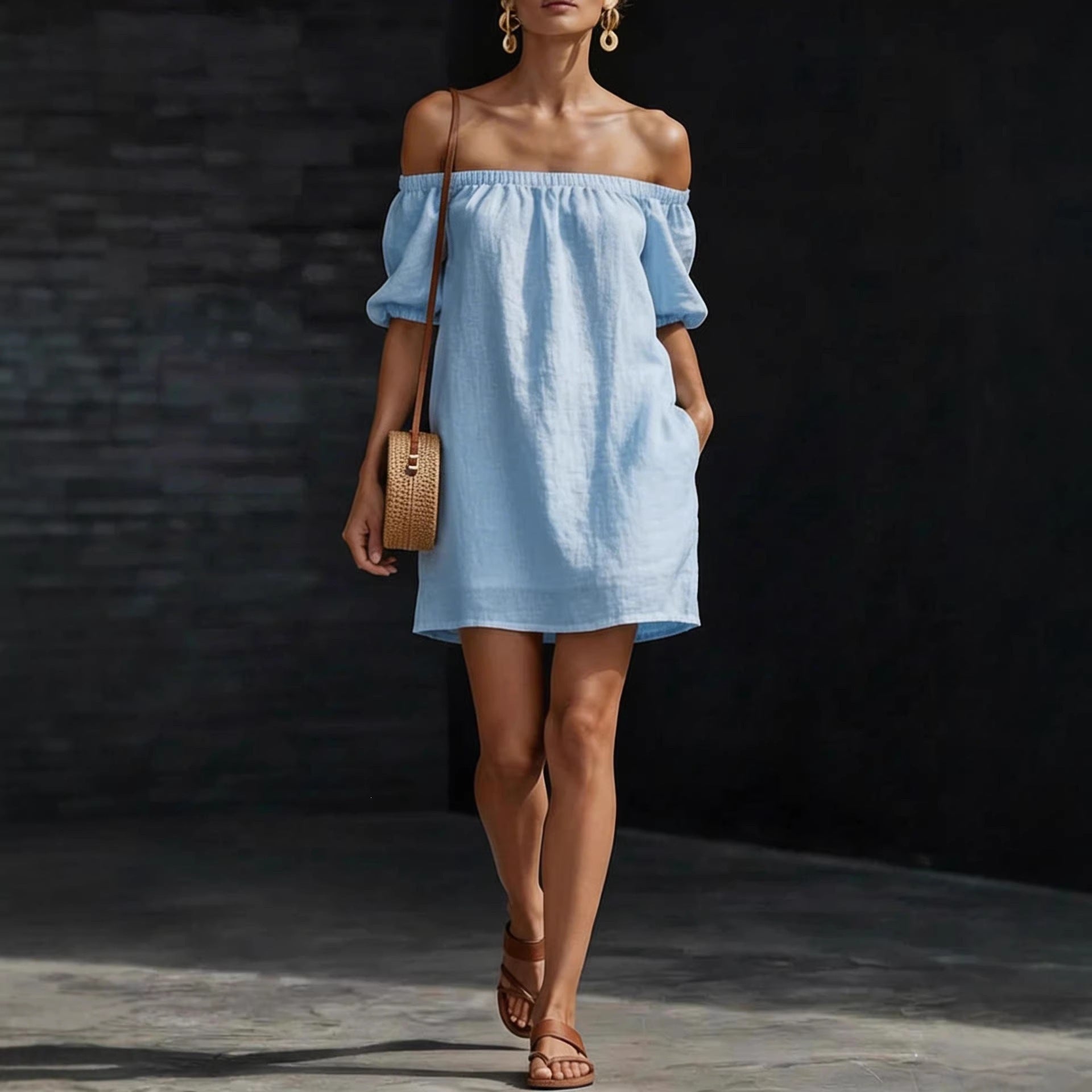 Women's Cotton Linen Off Shoulder Mini Dress with Puff Sleeves - Image 3