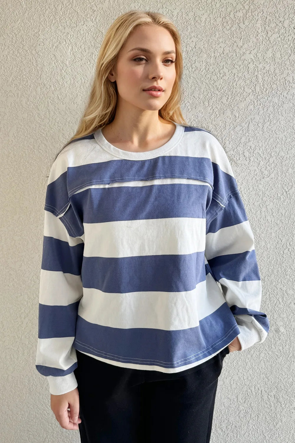 Pima Cotton Striped Long Sleeve T-Shirt | Exposed Seam Crew Neck