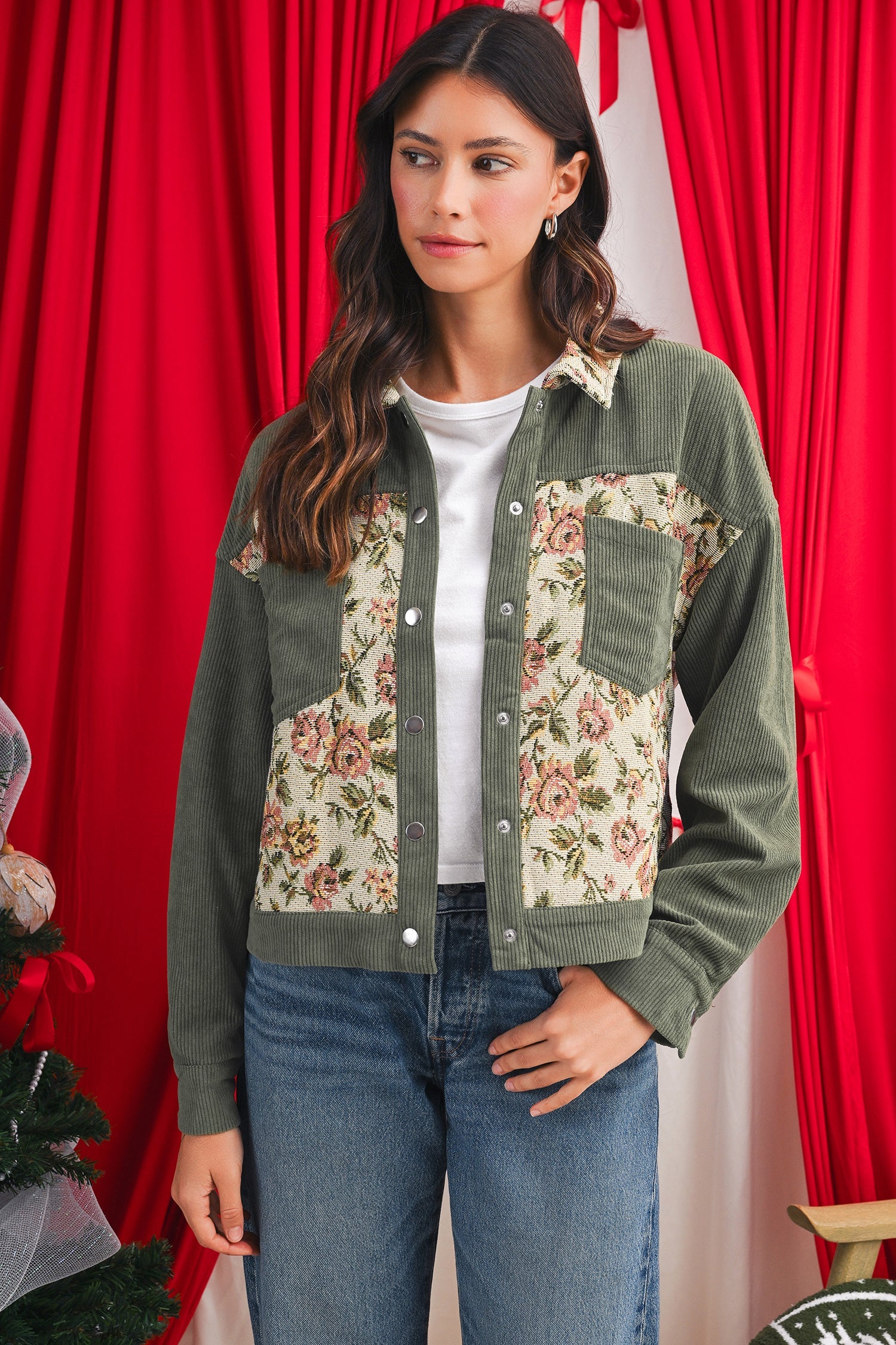 Clay Ribbed Retro Floral Patchwork Jacket