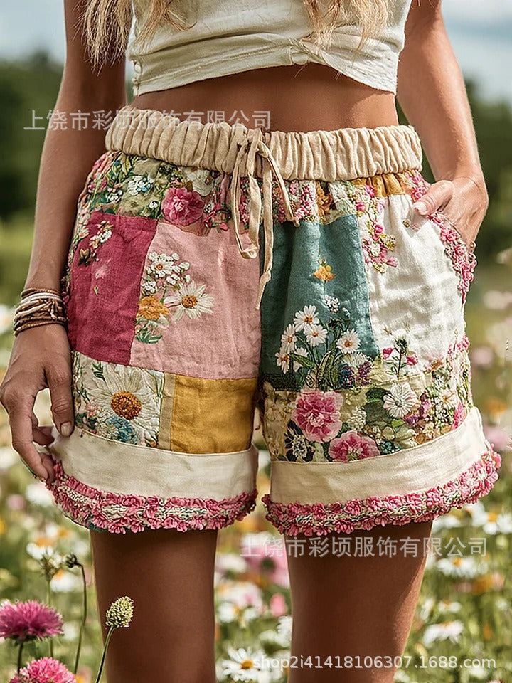Women's Retro Floral Print Casual Shorts with Drawstring Waist - Image 16