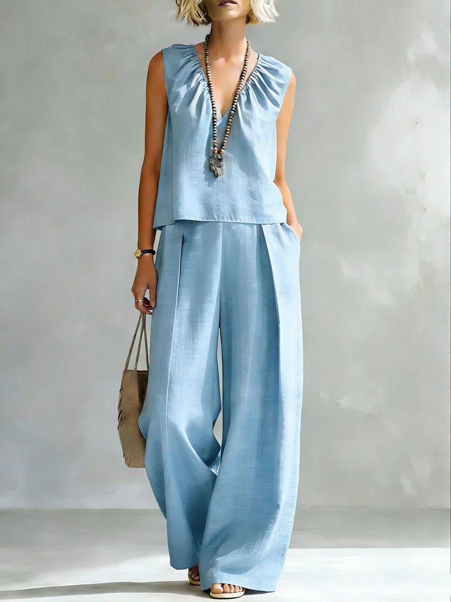 Women's Sleeveless Cotton-Linen Blouse and Wide-Leg Pants Set - Image 8
