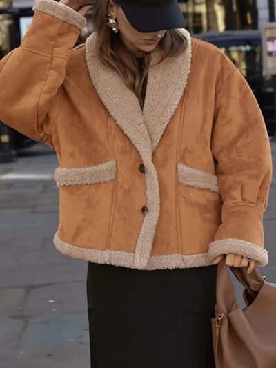 Women’s Fuzzy Collared Long Sleeve Jacket with Button Closure