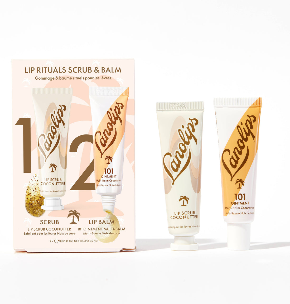 Lanolips Lip Rituals Coconutter scrub and balm duo in beige and white packaging.
