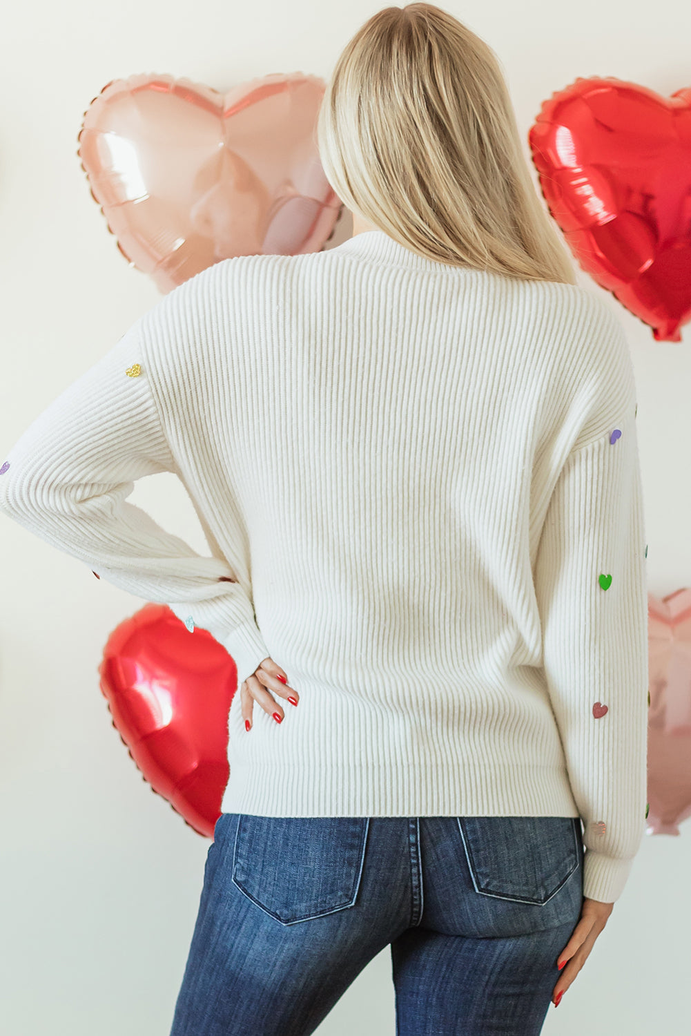 White Waffle Knit Sweater with Multi-Color Sequin Heart Accents