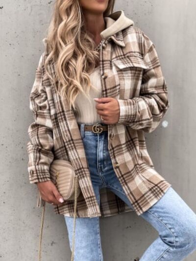 Camel Plaid Button Up Jacket with Removable Hood