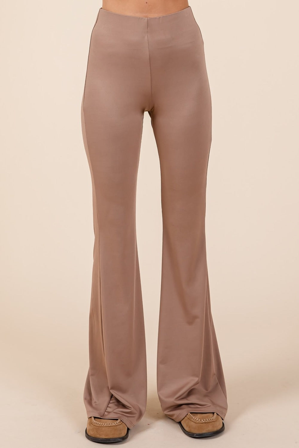 Women's Stretchy Mid-Rise Flare Pants in Mocha Brown - Image 3