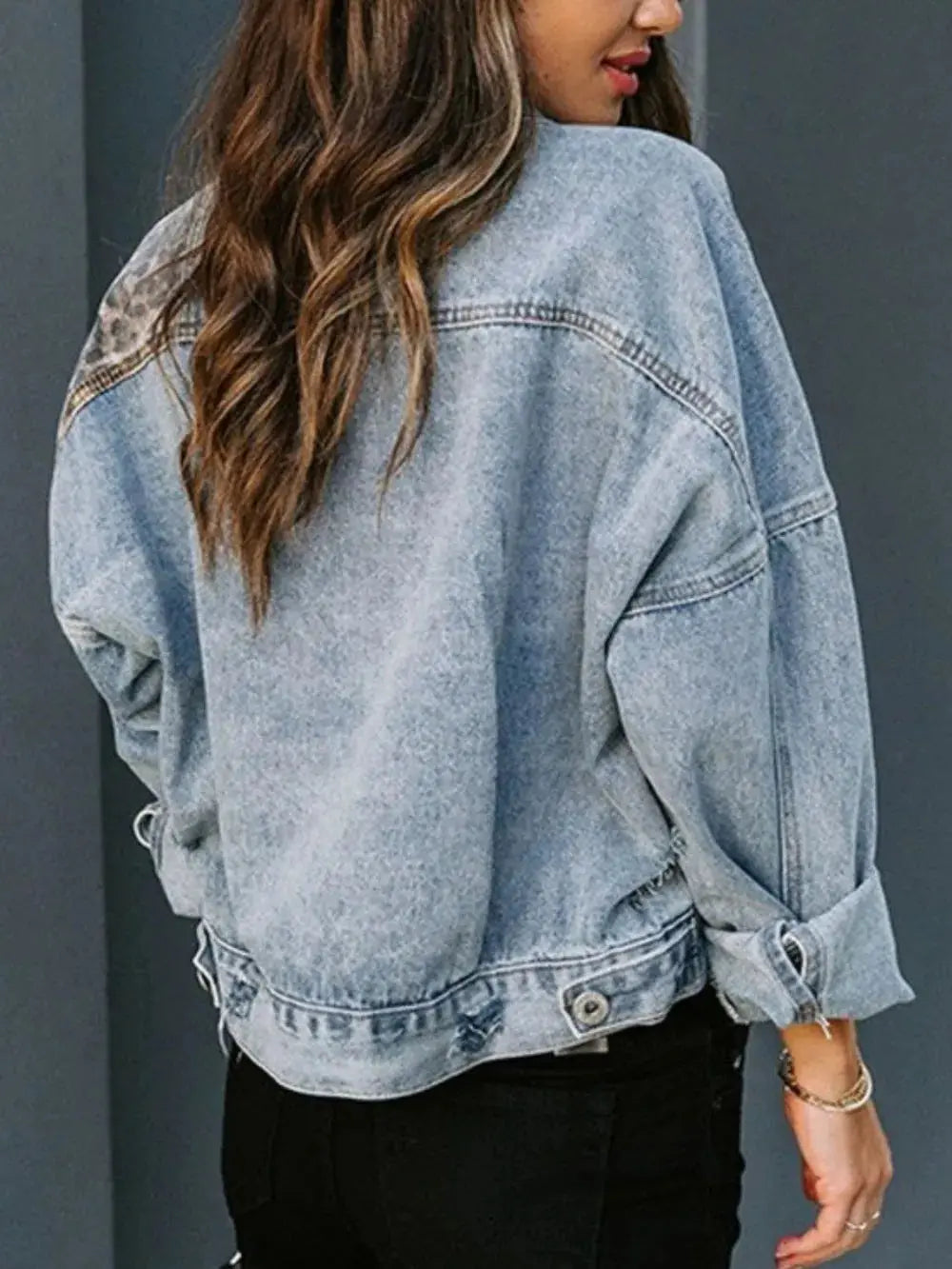Leopard Drop Shoulder Denim Jacket