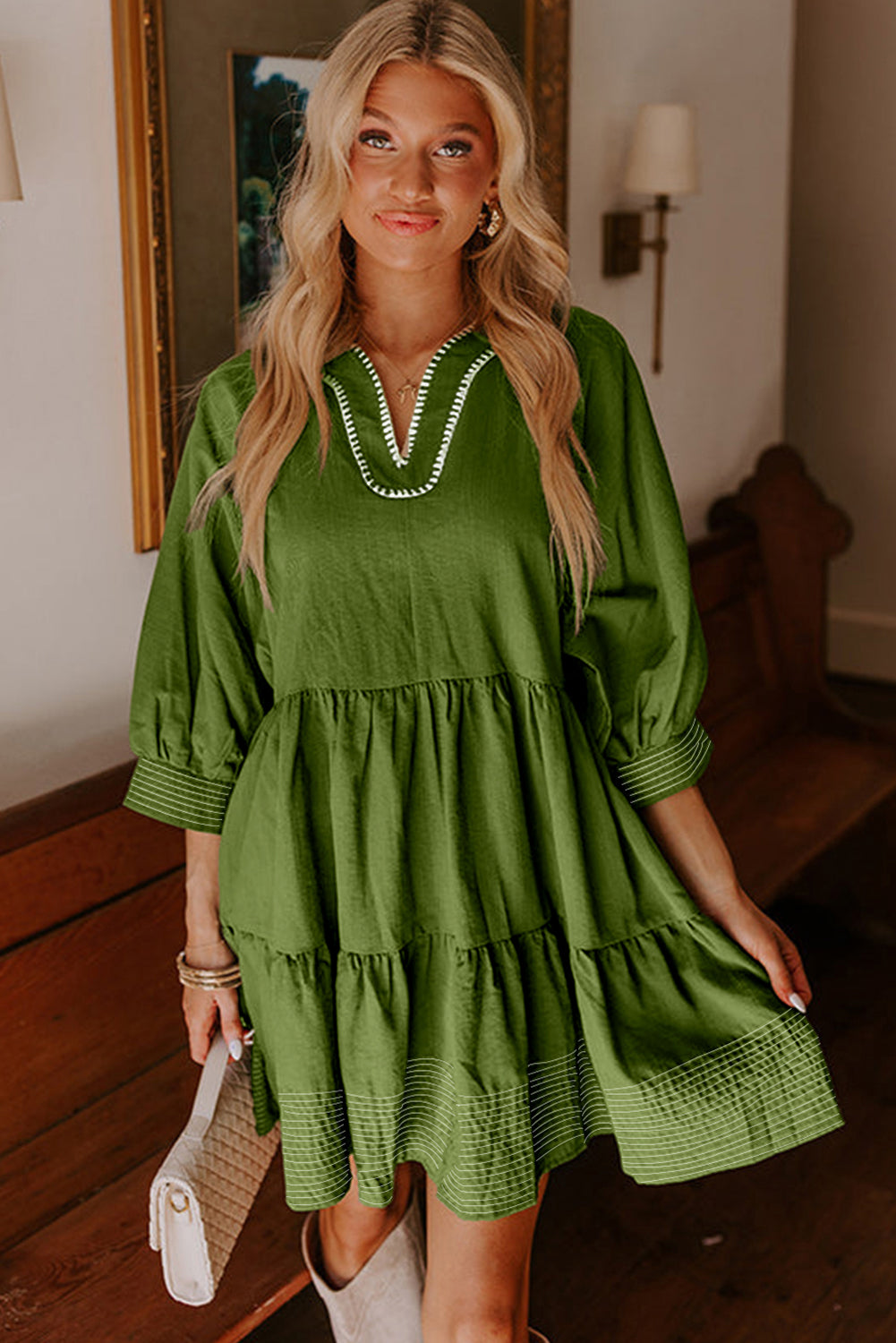 Jungle Green V Neck 3/4 Sleeve Swing Mini Dress