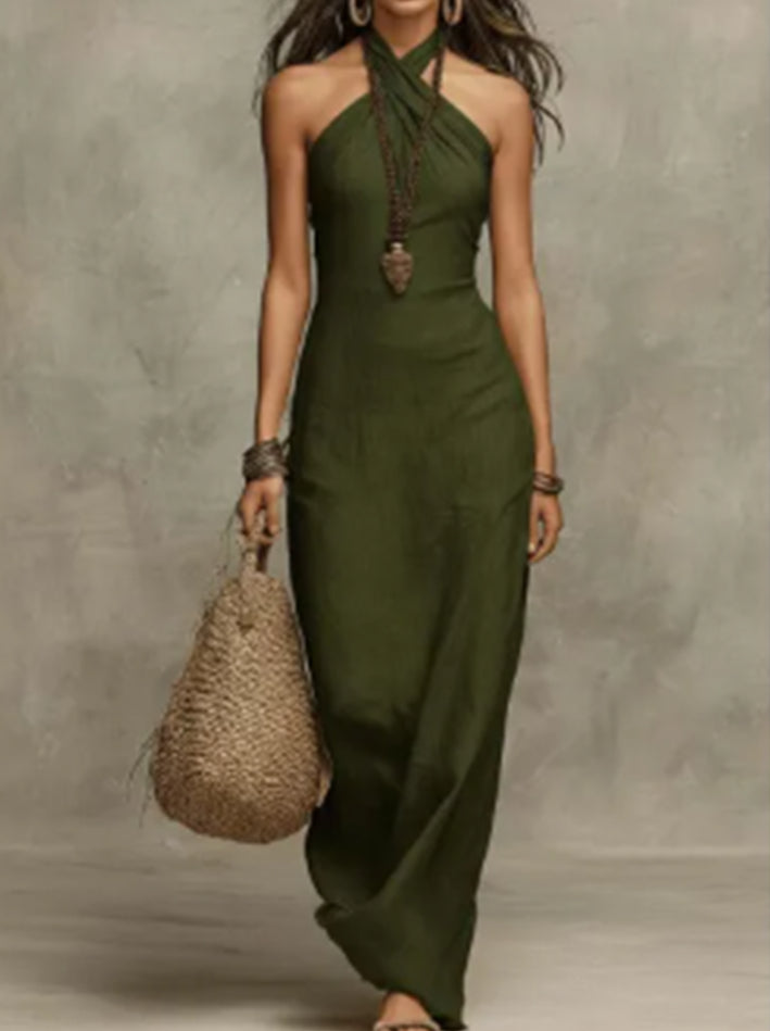Women's Casual Halter Neck Maxi Jumpsuit Solid Color - Image 2
