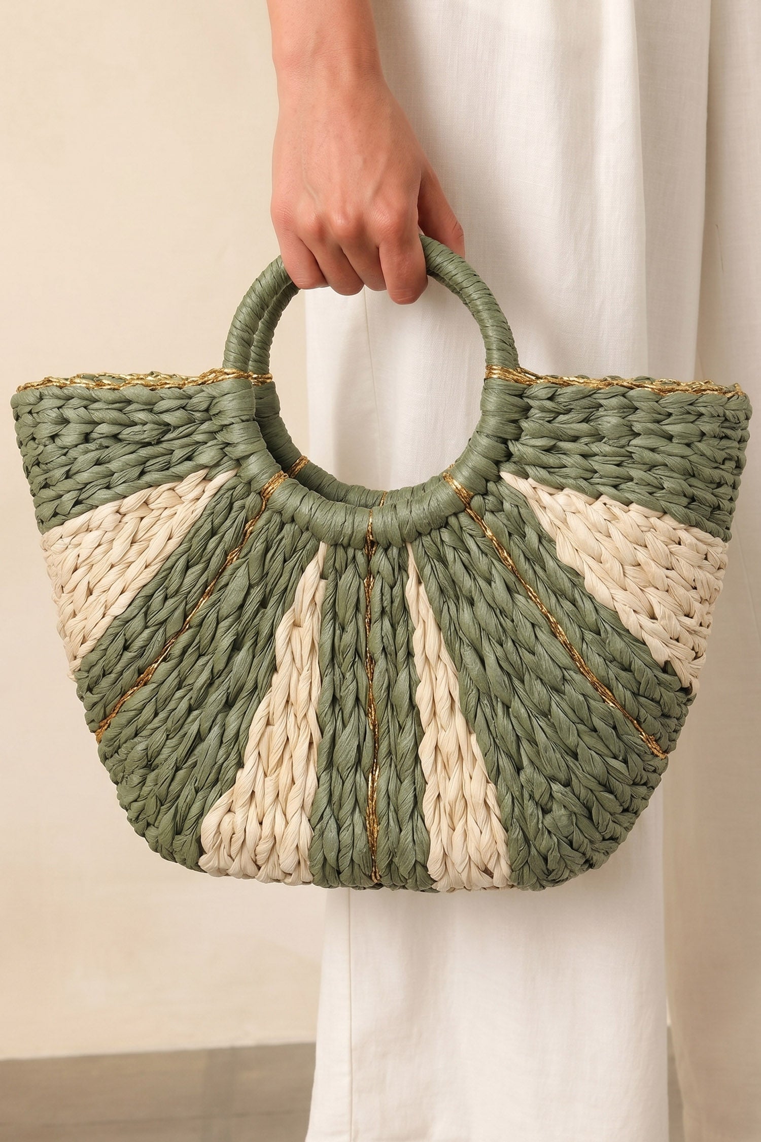 Rachel Handwoven Straw Tote Bag featuring sage green and cream stripes with gold-thread trim