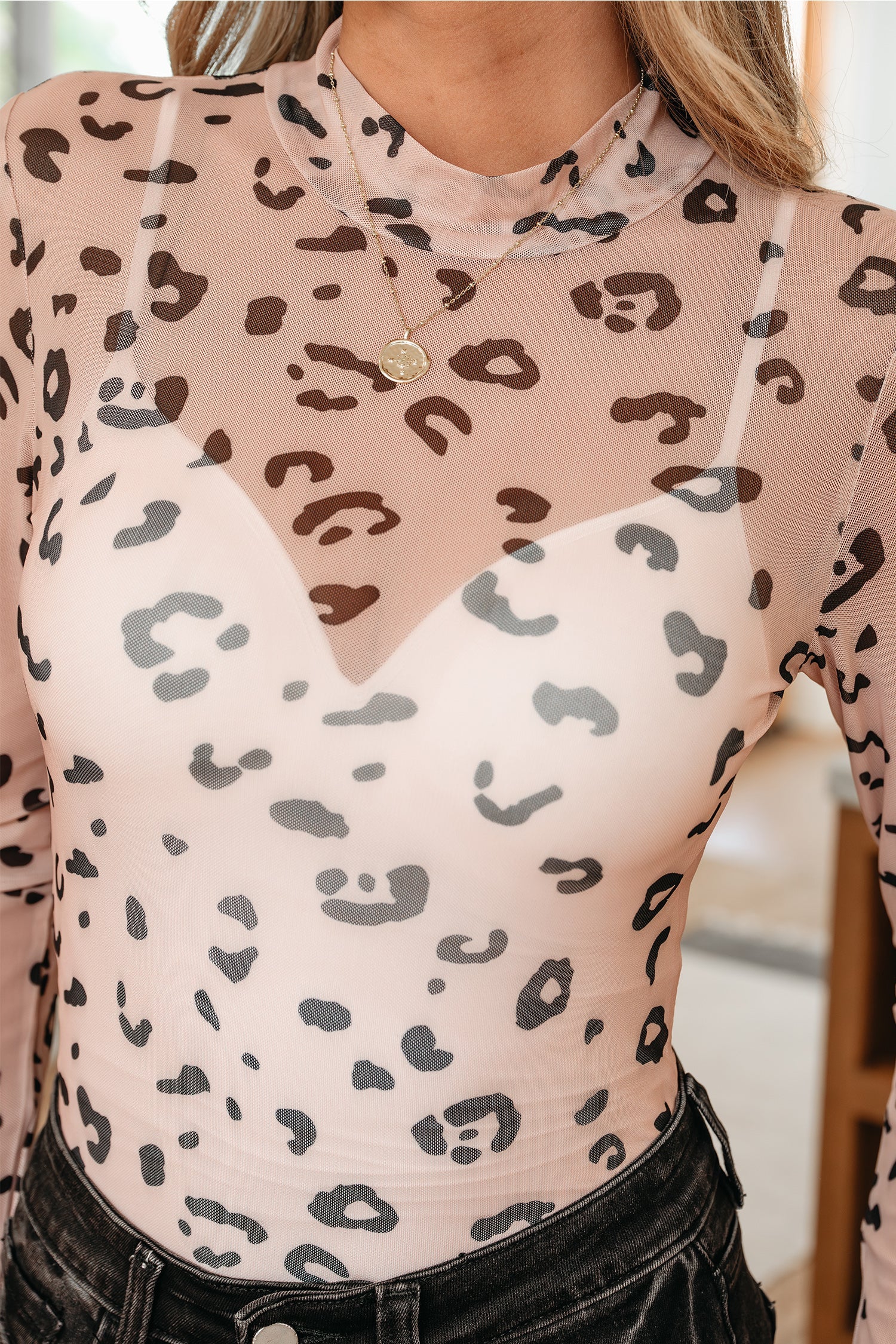 Khaki Mock Neck Sheer Mesh Leopard Long Sleeve Bodysuit