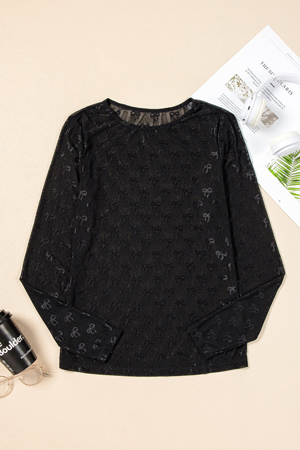 Women’s Bow Mesh Long Sleeve Top - Sheer Romantic Blouse