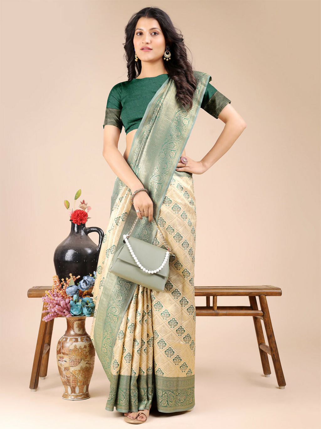 Cream and Green Aura Silk Banarasi Saree with Matching Blouse