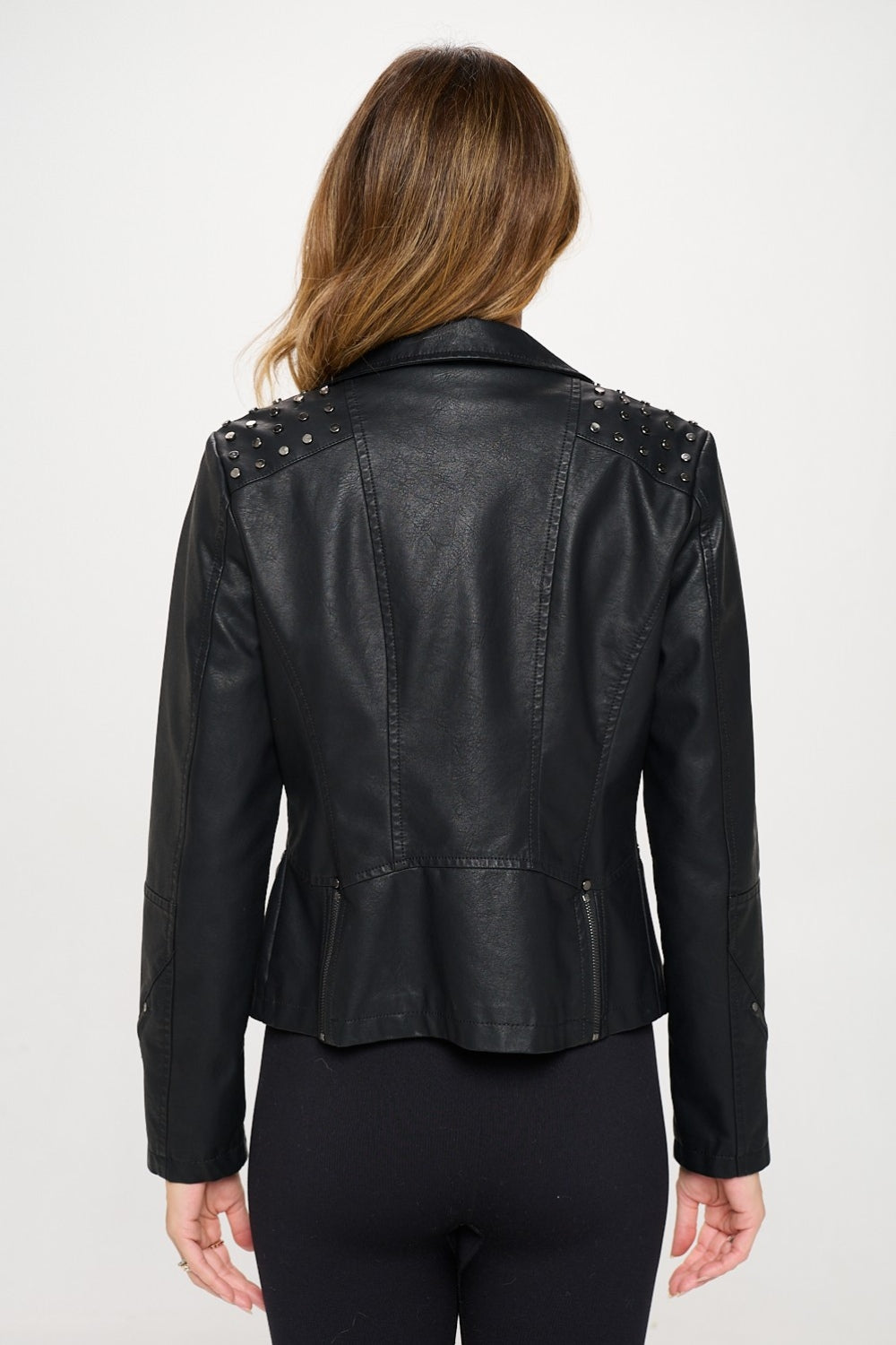 Women's Black Studded Faux Leather Moto Jacket - Image 3