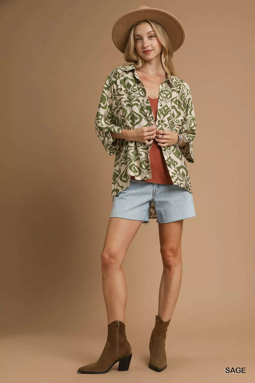 Sage Oversized Abstract Print Button-Up Shirt