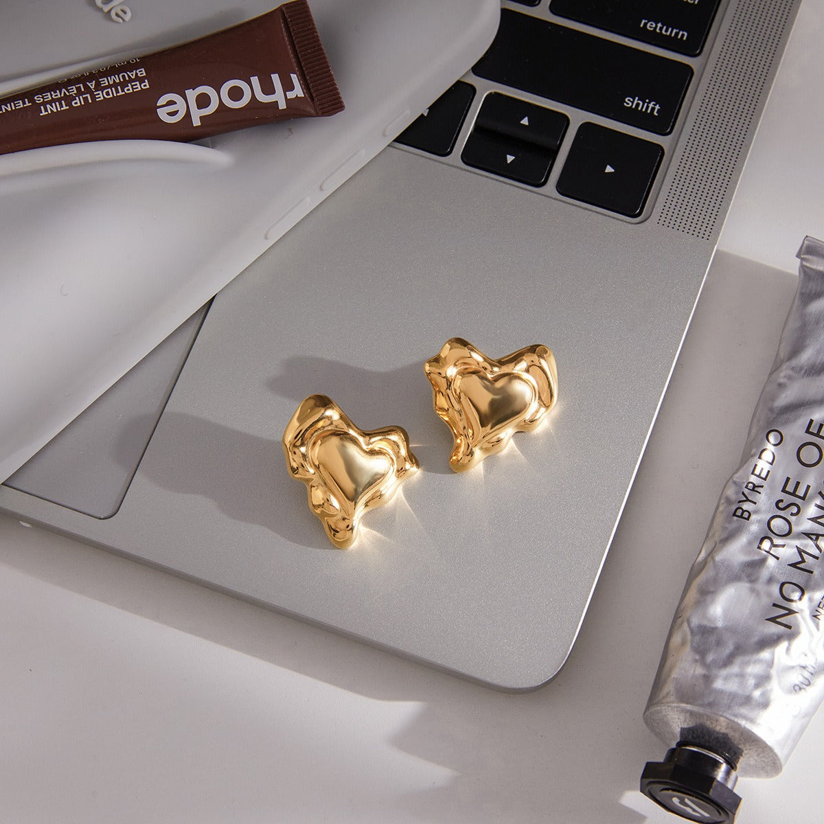 Gold Heart Stud Earrings Minimalist 18K Gold Titanium Jewelry