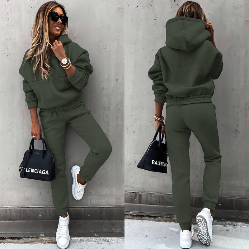 Women's Solid Color Hooded Sweatshirt and Slim Jogger Set - Image 6