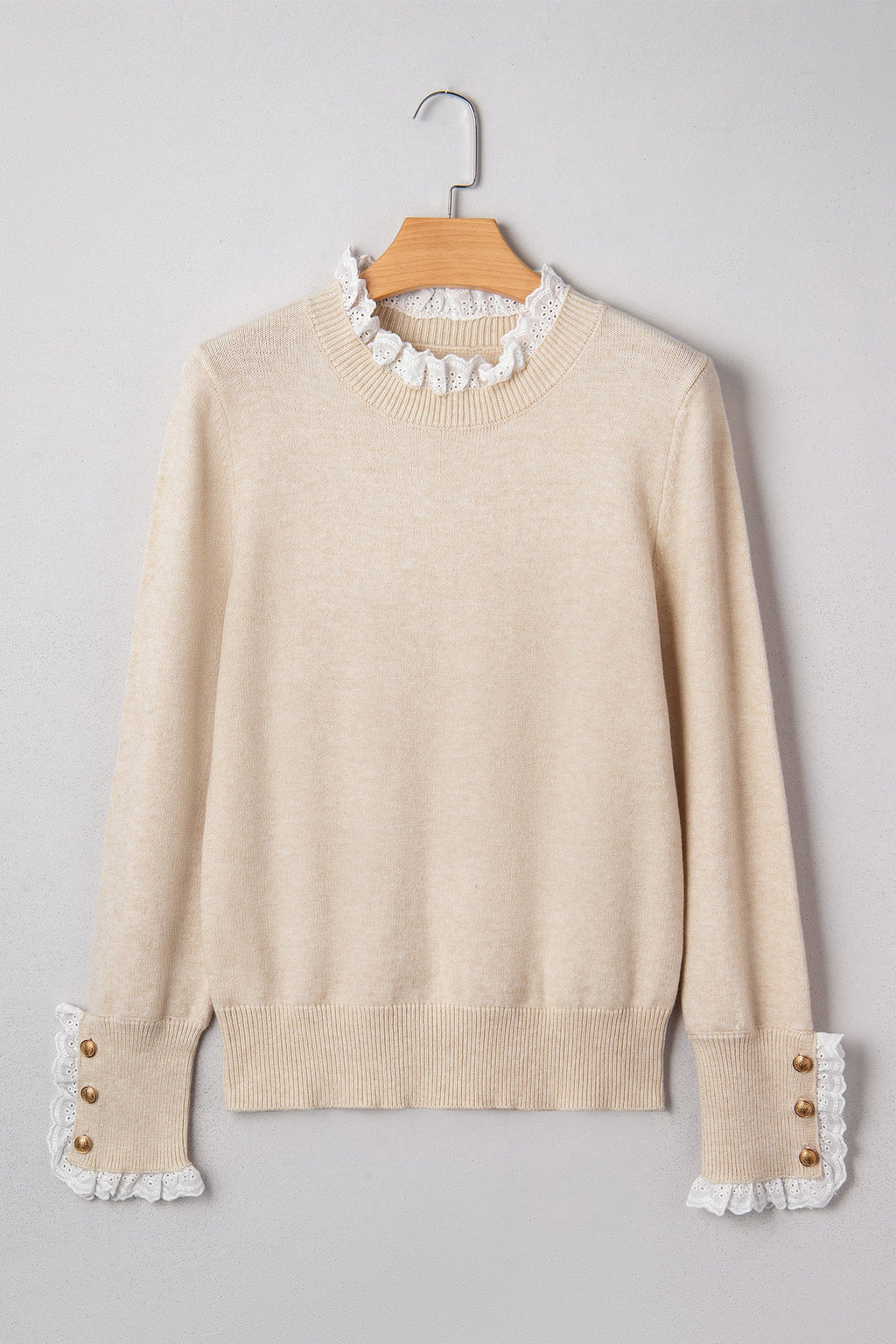 Lace Trim Patchwork Buttoned Cuff Sweater