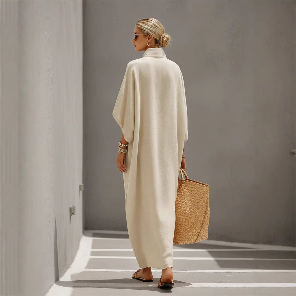 Women’s Stand Collar Button-Down Maxi Dress in Beige - Image 2