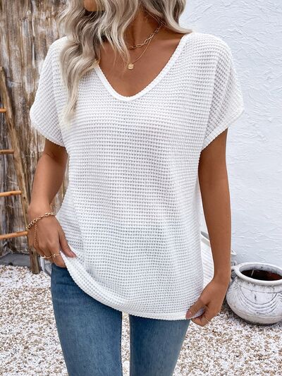 Women's White Waffle Knit Short Sleeve T-Shirt with Lace Back - Image 5